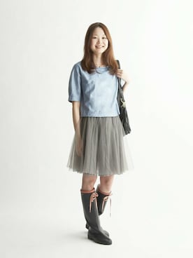 「アイテム（レインシューズ、ブルー系）」を使った、AIGLE本社スタッフさん（レディース・160cm）の春コーディネート