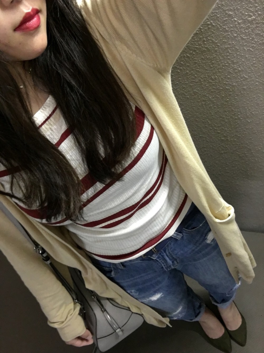 「Chicoのテレコランダムボーダーニットソー（ニット/セーター、ホワイト系）」を使った、azuさん（レディース・158cm）の秋コーディネートの1枚目の写真