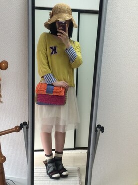 「Casselini（キャセリーニ）の【casselini】カラーペーパーニットポシェット（ショルダーバッグ、オレンジ系）」を使った、Masumi*さん（レディース・155cm）の春コーディネート