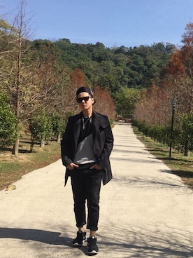 「AES（エーイーエス）のアイテム（帽子）」を使った、杜育記さん（メンズ・165cm）の冬コーディネート