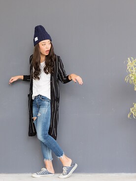 「Ungrid（アングリッド）のフレイドヘムストスリ（デニムパンツ）」を使った、伊波芳杏 よっぴーさん（レディース・162cm）の秋コーディネート