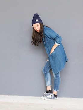 「Ungrid（アングリッド）のフレイドヘムストスリ（デニムパンツ）」を使った、伊波芳杏 よっぴーさん（レディース・162cm）の秋コーディネート