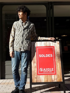 「AIGLE（エーグル）のアイテム」を使った、一海智博さん（メンズ・175cm）の冬コーディネート