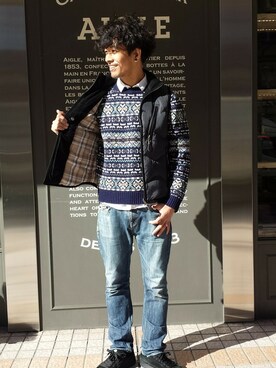 「AIGLE（エーグル）のアイテム（ベスト）」を使った、一海智博さん（メンズ・175cm）の冬コーディネート
