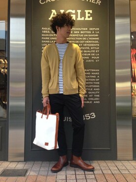 「AIGLE（エーグル）のアイテム（バッグ）」を使った、一海智博さん（メンズ・175cm）の冬コーディネート