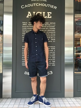 「AIGLE（エーグル）のアイテム（スニーカー）」を使った、一海智博さん（メンズ・175cm）の夏コーディネート