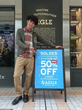 「AIGLE（エーグル）のアイテム」を使った、一海智博さん（メンズ・175cm）の秋コーディネート