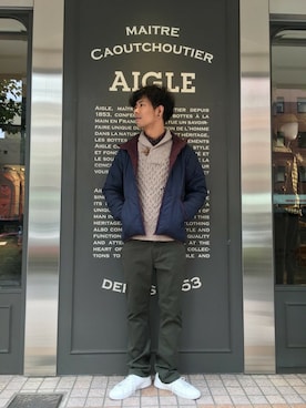 「AIGLE（エーグル）のアイテム（その他アウター）」を使った、一海智博さん（メンズ・175cm）の秋コーディネート