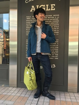 「AIGLE（エーグル）のアイテム（ブーツ）」を使った、一海智博さん（メンズ・175cm）の春コーディネート