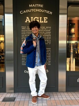 「AIGLE（エーグル）のアイテム（その他アウター）」を使った、一海智博さん（メンズ・175cm）の春コーディネート