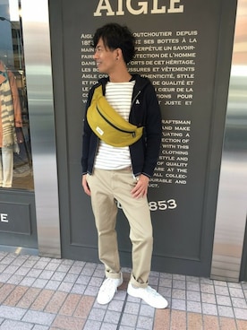 「AIGLE（エーグル）のアイテム（パーカー）」を使った、一海智博さん（メンズ・175cm）の春コーディネート