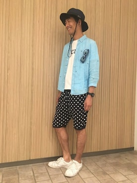 「AIGLE（エーグル）のアイテム（帽子）」を使った、一海智博さん（メンズ・175cm）の夏コーディネート