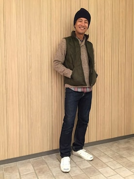 「AIGLE（エーグル）のアイテム（帽子）」を使った、一海智博さん（メンズ・175cm）の秋コーディネート