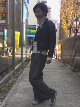 Hanae Asakaさんの「2wayシープレザーライダースジャケット」を使ったコーディネート
