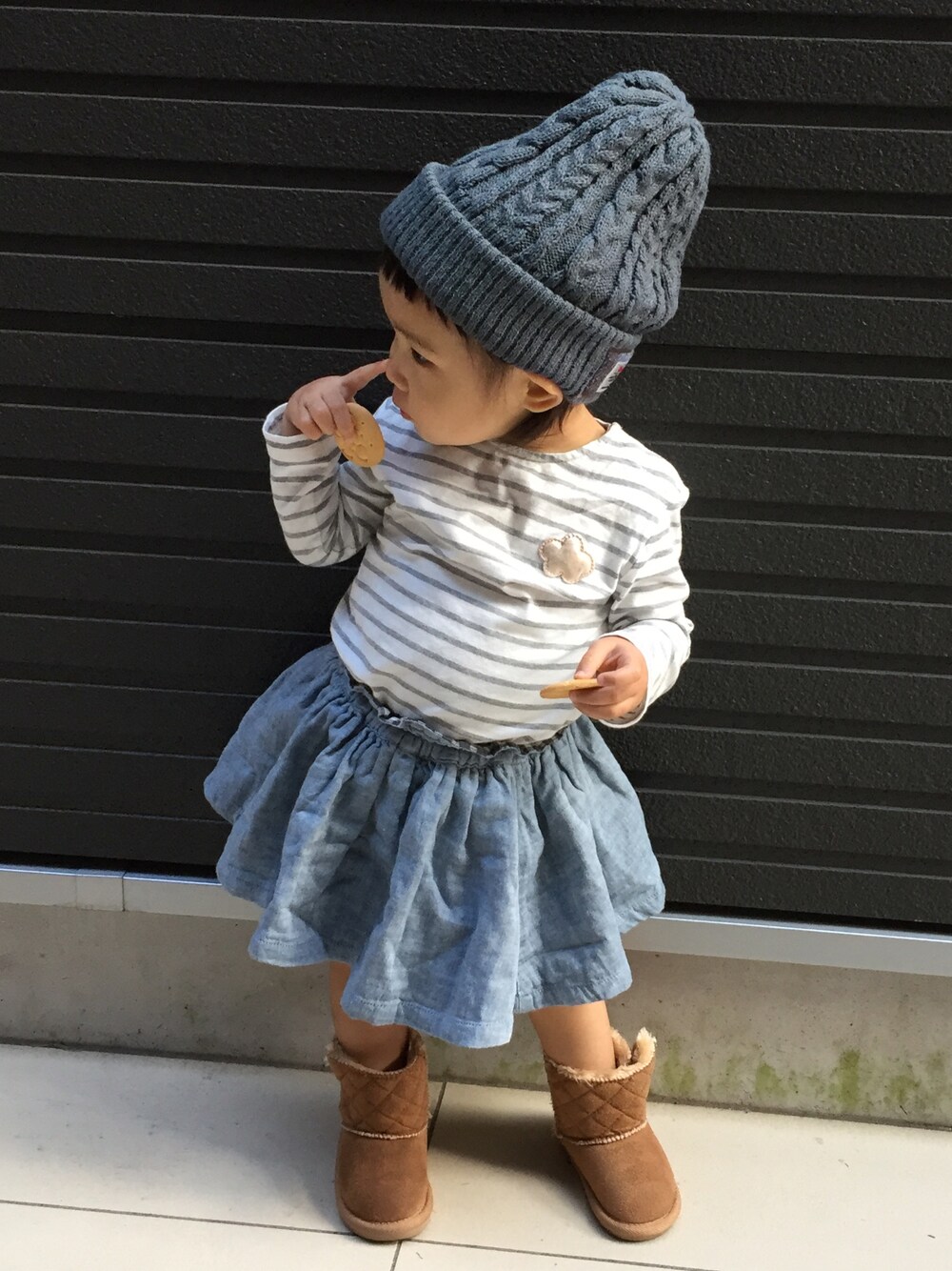 「1歳、1歳半、1歳6ヶ月、しまむら、ビーミングライフストアバイビームス(B:MING LIFE STORE by BEAMS)、ザラ、ZARA、ZARA KIDS、秋コーデ、女の子」｜「ZARA KIDSのアイテム（Tシャツ/カットソー、グレー系）」を使った、naaanさん（キッズ・80cm）の秋コーディネートの1枚目の写真