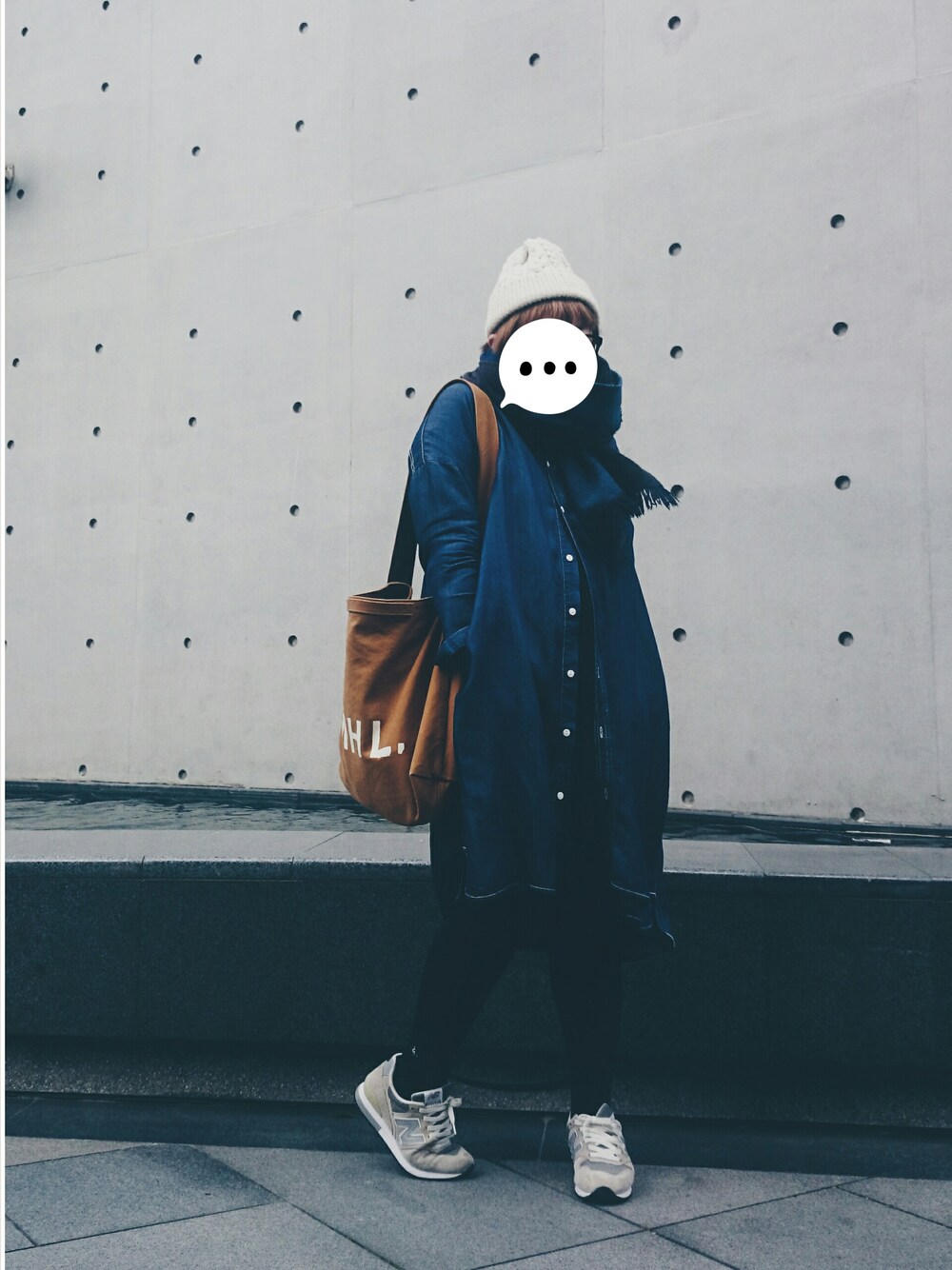 「デニム、denim、MHL.、 ニット帽、ＮＢ、ichi」｜「NEW BALANCEのNew Balance MRL996 FB　MAGNET（その他、その他）」を使った、chow.さん（レディース・158cm）の冬コーディネートの1枚目の写真