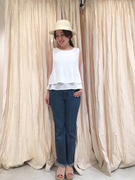 「mystic（ミスティック）のプリーツノースリーブブラウス（シャツ/ブラウス、ホワイト系）」を使った、irizukiさん（レディース・157cm）の春コーディネート