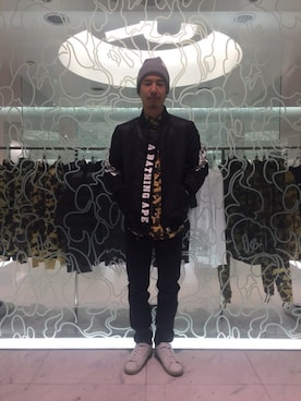 「Bape」｜「アイテム（ミリタリージャケット）」を使った、武井 伸行さん（メンズ・168cm）の冬コーディネート