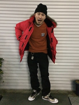 「red」｜「アイテム（ダウンジャケット/コート）」を使った、RYUJINさん（メンズ・172cm）の冬コーディネート