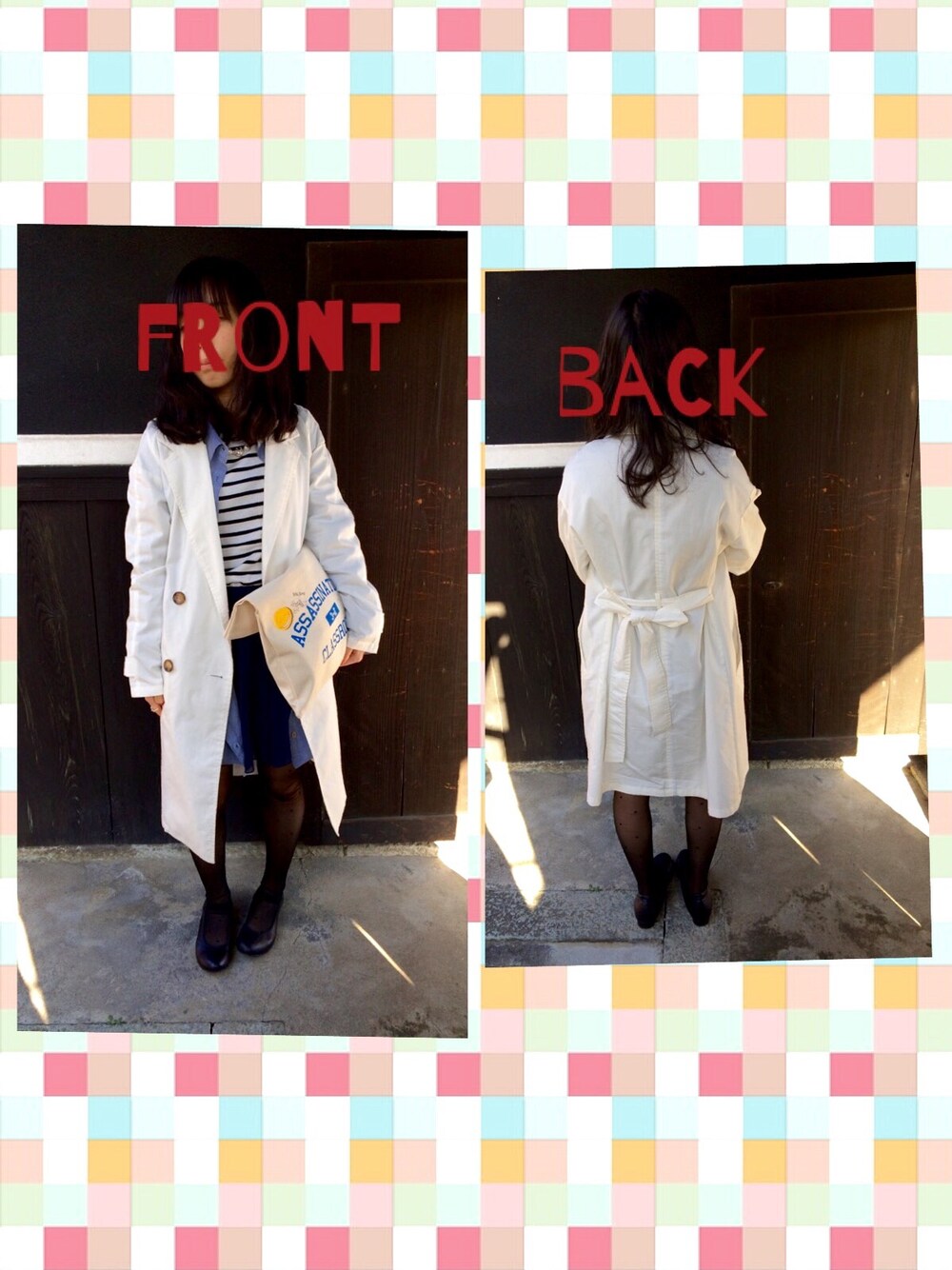 ホワイト系のTシャツ/カットソー、ホワイト系のトレンチコート、ブラック系のタイツ/ストッキングを着用したレディースの春コーディネートの1枚目の写真