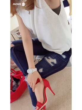 「わからん❤️のアイテム（サンダル、レッド系）」を使った、ANさん（レディース）の夏コーディネート