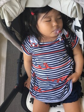 「PETIT BATEAU（プチバトー）の手書き風ボーダー半袖ワンピース（ワンピース、ホワイト系）」を使った、kayoharuisaさん（レディース・163cm）の夏コーディネート