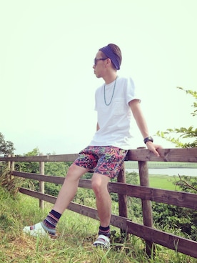 「OAKLEY（オークリー）のオークリー フロッグスキン サングラス OAKLEY Frogskins Custom NON（サングラス）」を使った、Ken Matsudaさん（メンズ・174cm）の夏コーディネート