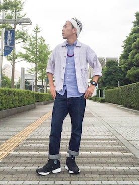 「POST O'ALLS（ポストオーバーオールズ）のアイテム（その他アウター）」を使った、Ken Matsudaさん（メンズ・174cm）の夏コーディネート