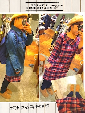 「チェックワンピース」｜「アイテム（デニムジャケット）」を使った、KOAさん（レディース・158cm）の秋コーディネート