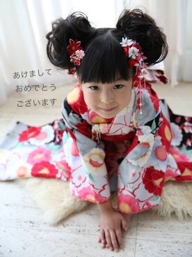 「アイテム（水着/着物・浴衣、レッド系）」を使った、アツナナさん（キッズ・110cm）の冬コーディネート