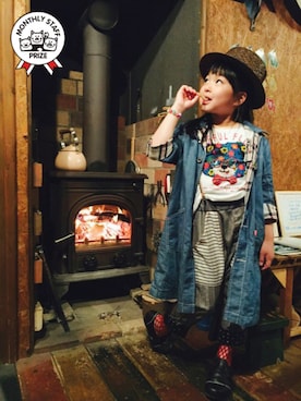 「カンカン帽」｜「アイテム（ダウンジャケット/コート）」を使った、アツナナさん（キッズ・120cm）の春コーディネート