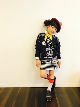 「ボーダースカート」｜「アイテム（ハンチング/ベレー帽）」を使った、アツナナさん（キッズ・121cm）の秋コーディネート