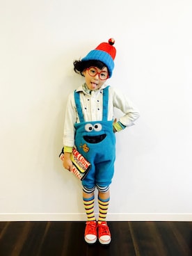 「ボーダーソックス」｜「アイテム（サロペット/オーバーオール）」を使った、アツナナさん（キッズ・121cm）の秋コーディネート