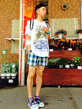 「is-ness（イズネス）のアイテム（サンダル）」を使った、たゐじゅんさん（メンズ・175cm）の夏コーディネート