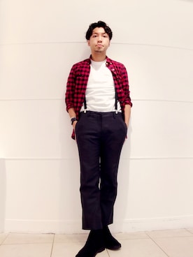 「赤チェック」｜「アイテム（スラックス）」を使った、kamichanさん（メンズ・167cm）の冬コーディネート