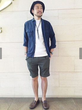 「アイテム（モカシン/デッキシューズ）」を使った、Ikuo Mitaniさん（メンズ・171cm）の夏コーディネート