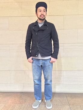 「アイテム（ライダースジャケット）」を使った、Ikuo Mitaniさん（メンズ・171cm）の冬コーディネート