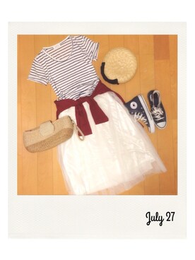 「crolla（クローラ）のクラッチバッグ（クラッチバッグ、ベージュ系）」を使った、marbleさん（レディース・158cm）の夏コーディネート