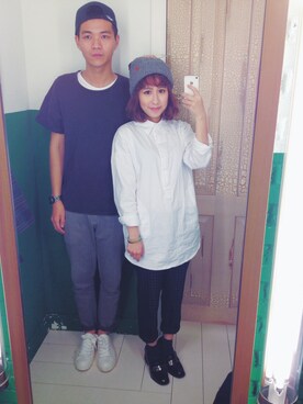 「PULL&BEAR（プルアンドベア）のアイテム（ニットキャップ/ビーニー）」を使った、劉奐綺さん（レディース・150cm）の秋コーディネート