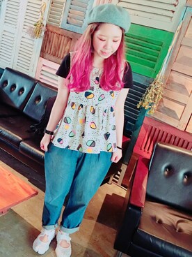 「マムジーンズ」｜「アイテム（ハンチング/ベレー帽）」を使った、まりっぺさん（レディース・152cm）の夏コーディネート