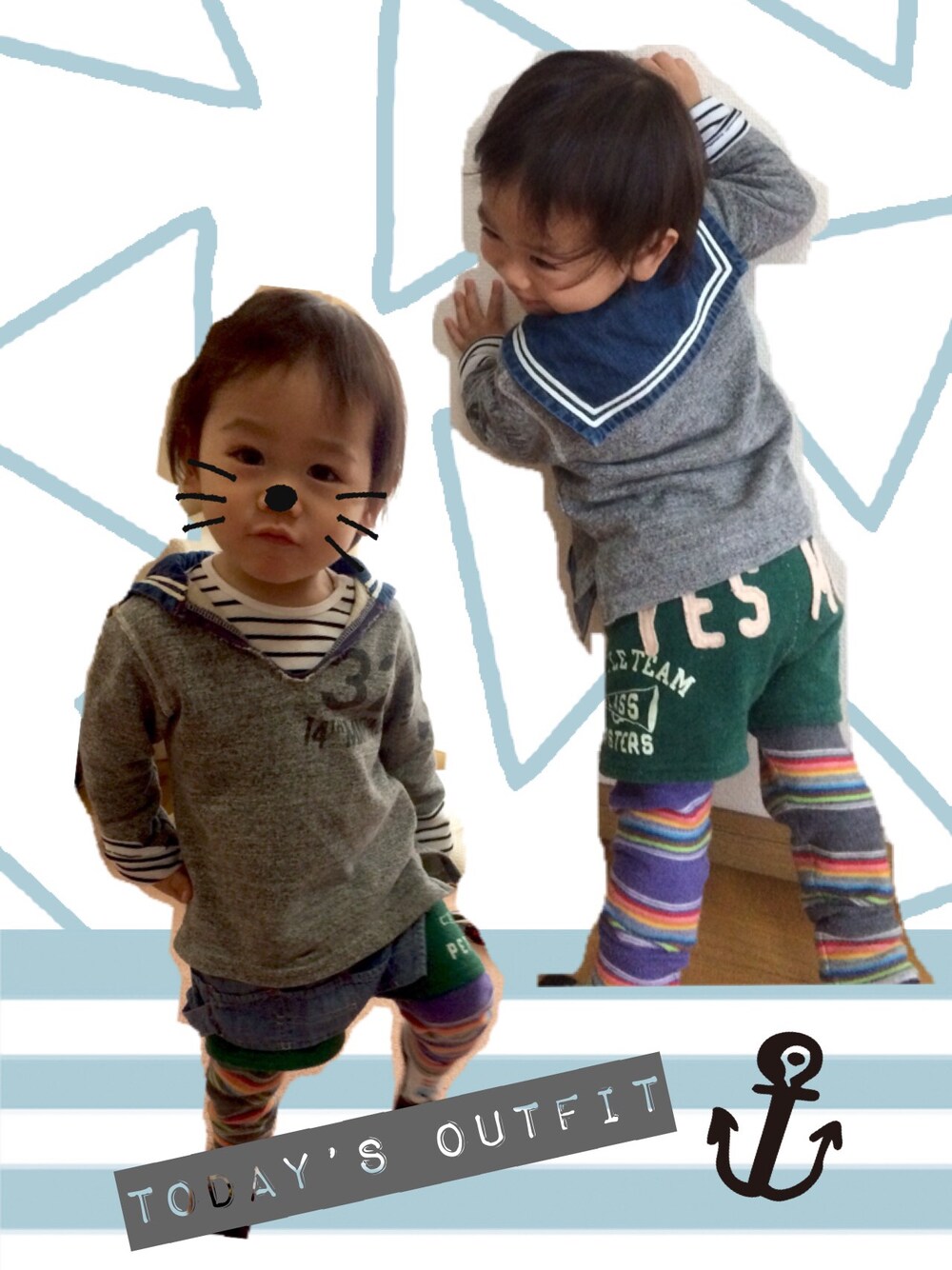 ホワイト系のTシャツ/カットソー、グレー系のスウェット、グリーン系のその他パンツを着用したキッズの冬コーディネートの1枚目の写真