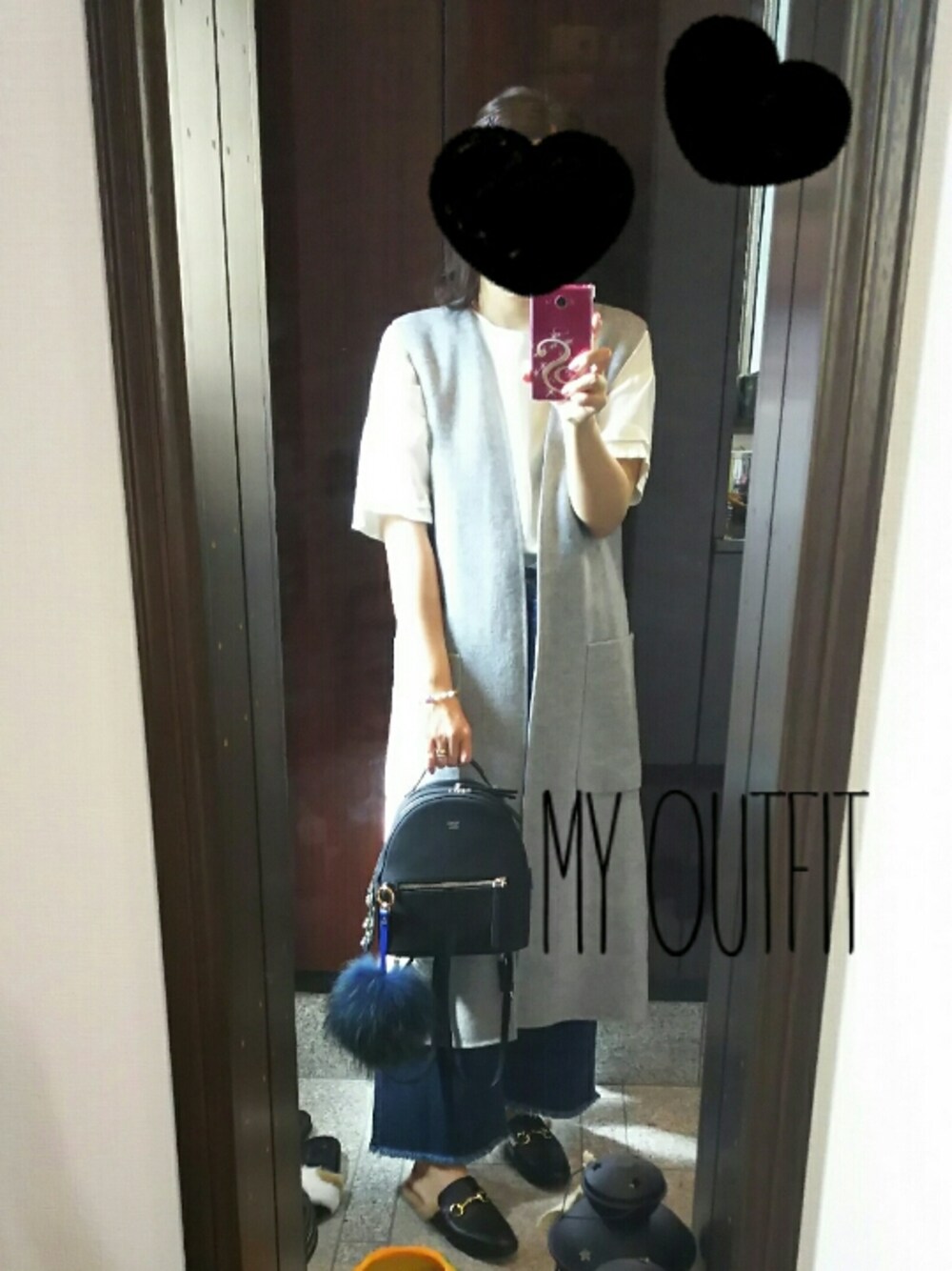 「ザラ、ザラジョ、デニムワイドパンツ、フリンジ、ロングベスト、ロングジレ、GUCCIローファー、GUCCI、FENDI、バックパック」｜「ZARAのアイテム（シャツ/ブラウス、ホワイト系）」を使った、Jasmine♡さん（レディース・160cm）の秋コーディネートの1枚目の写真