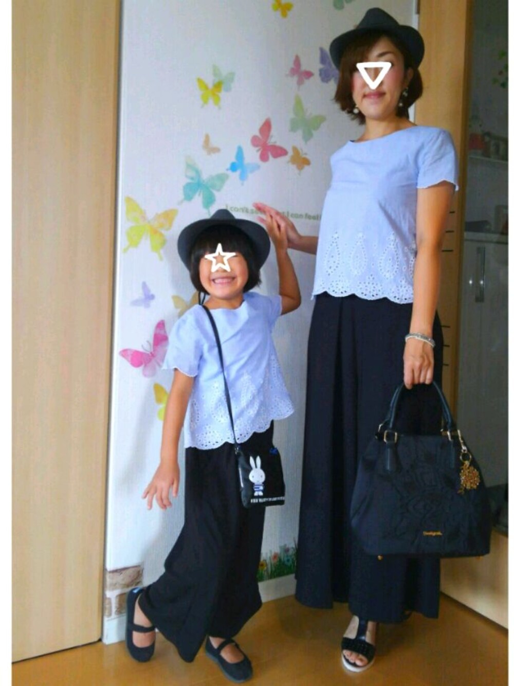 「GAP、GU、ワイドパンツ、GLOBAL WORK、シンプルコーデ、アダルトおカワたん部、Handmade部、親子ーデ☆」｜「Handmadeのデニムブルー＋ブラック＋スモーキーグレーのピアス☆自作（ピアス（両耳用）、ブルー系）」を使った、mintoさん（キッズ・110cm）の秋コーディネートの1枚目の写真