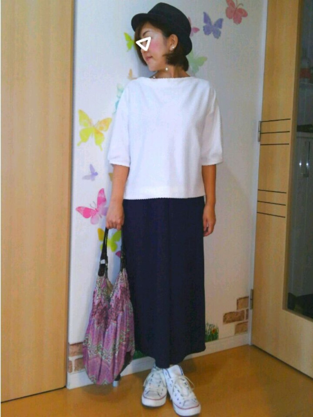 「ひとりサロペフェス、9月WEAR秋コーデ始めました祭り、オトナカジュアル、秋のコーデ、green label relaxing、オールインワン、Handmade部、小窓部、アダルトおカワたん部、ドラフトCON」｜「HusHusHのアイテム（バッグ、パープル系）」を使った、mintoさん（レディース・155cm）の秋コーディネートの1枚目の写真