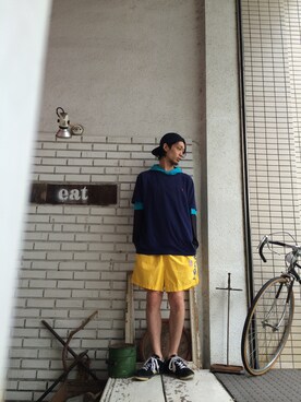 「膝上ショーツ」｜「アイテム（パーカー）」を使った、eat_cameさん（メンズ・180cm）の夏コーディネート