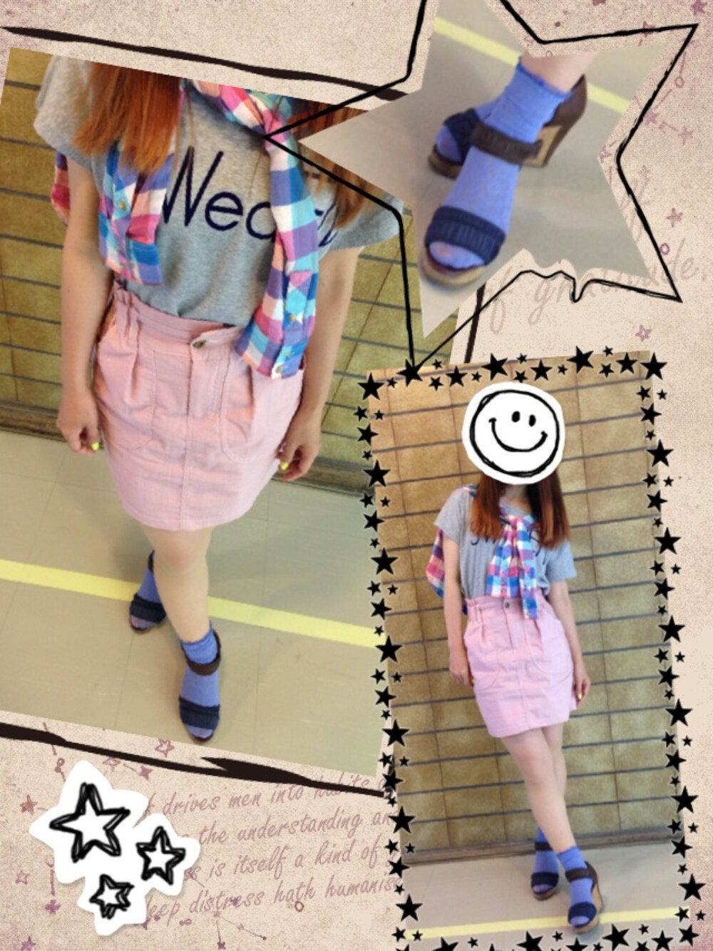 「ミスティック(mystic)、サンダルに靴下、青×ピンク」｜「FREDY&GLOSTERのSWedEN Tシャツ（Tシャツ/カットソー、グレー系）」を使った、Naki★さん（レディース・152cm）の春コーディネートの1枚目の写真