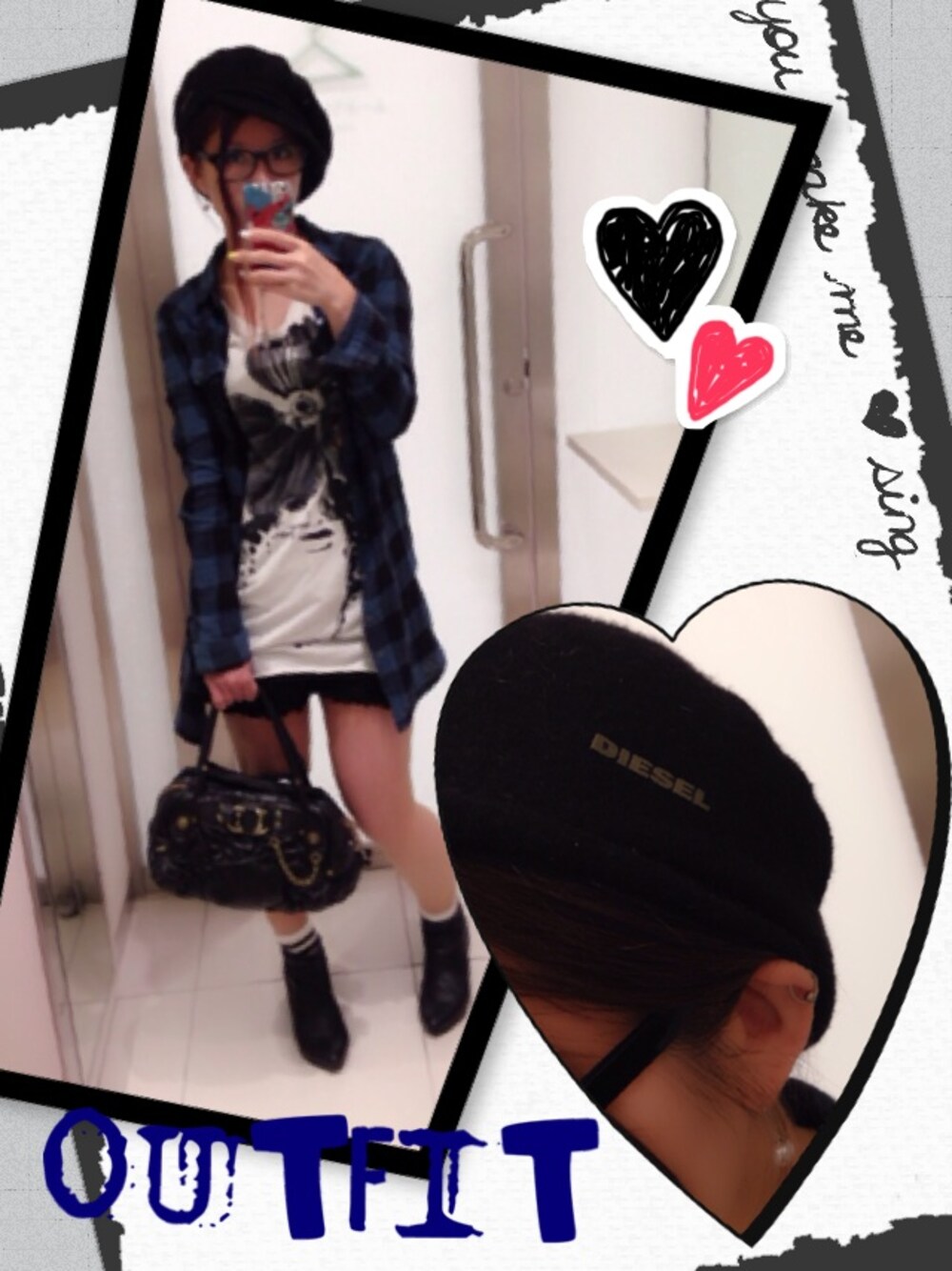 「チェックシャツ、Diesel、ショートブーツ、ラインソックス、お気に入りのTシャツ、ロングTシャツ、帽子×メガネ、天空の城ラピュタ」｜「DIESELの31-CYGOL-A SHIRT（シャツ/ブラウス、ブラック系）」を使った、Naki★さん（レディース・152cm）の春コーディネートの1枚目の写真