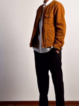 「アイテム（ノーカラージャケット、オレンジ系）」を使った、おかすけさん（メンズ・175cm）の秋コーディネート