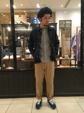 「ハンチング」｜「アイテム（キャップ）」を使った、岡崎優一さん（メンズ・175cm）の春コーディネート