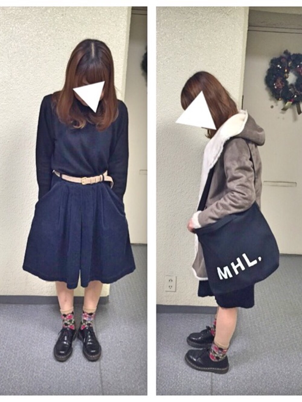 「ムートンコート、ガウチョパンツ、MHL.、マニッシュシューズ、ドット、コーデュロイパンツ」｜「古着のアイテム（ニット/セーター、ブラック系）」を使った、Yuさん（レディース・153cm）の冬コーディネートの1枚目の写真
